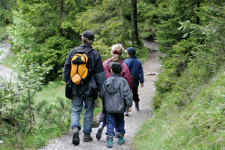 Family hiking on trail